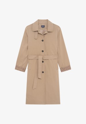 Trench coat beige con cuello tipo solapa, botones negros, dos bolsillos, cinturón autoadherente y detalles de estampado de leopardo en los puños.