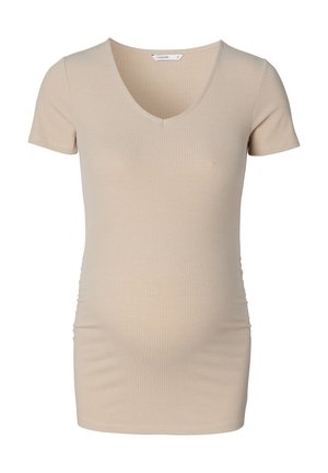 Mødre t-shirt, ribbet tekstur, lys beige, kortærmet, V-halsudskæring, samlede sider for en tætsiddende pasform, blødt bomuldsblanding materiale.