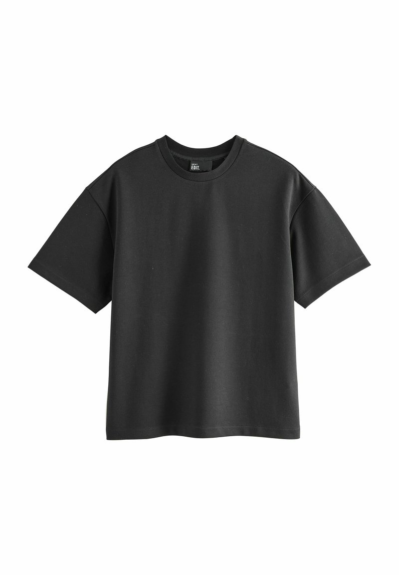 Sort bomulds T-shirt med rund halsudskæring, korte ærmer og afslappet pasform. Glat tekstur uden synlige mønstre eller detaljer.