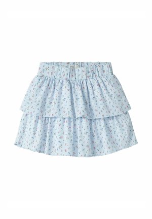 Gonna azzurro chiaro a balze con piccolo motivo floreale rosa e blu, vita elasticizzata e strati arricciati.