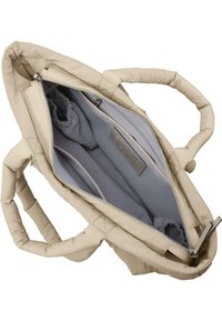 Beige vattert tote bag med glidelås og to polstrede håndtak. Innvendig har den lys grå fôr og flere rom for organisering.