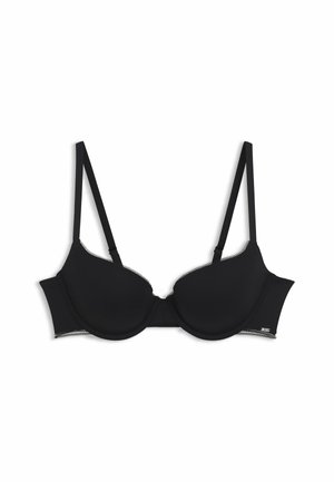 Juodas liemenėlis su formuotomis taurėmis ir plonomis dirželiais, papuoštas nėrinių apdaila viršutinėse briaunose. Paprastas ir elegantiškas dizainas prieš baltą foną.