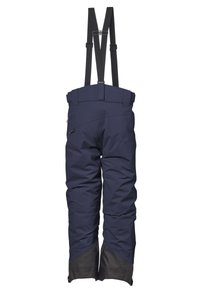 Mörkblå skidbyxor med justerbara svarta hängslen, förstärkta grå underben och en slät textur designad för kalla aktiviteter.