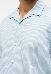 Άνδρας που φοράει πουκάμισο με κάθετες ρίγες σε ανοιχτό μπλε και λευκό, με ανοικτό γιακά, εμφανιζόμενος από τον λαιμό μέχρι τη μέση του κορμού.