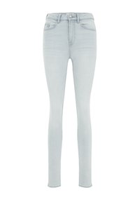 Világoskék, skinny farmernadrág, magas derékkal, klasszikus öt zsebes kialakítással és diszkrét varrási részletekkel.