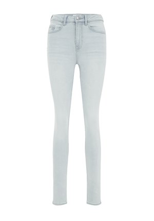 Svijetloplave uske traperice, izrađene od denima, s visokim strukom, klasičnim dizajnom s pet džepova i suptilnim detaljima šivanja.