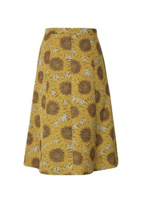 Jupe trapèze longueur genou avec motif de tournesols jaunes vifs, centres bruns et accents bleu clair sur fond jaune moutarde.