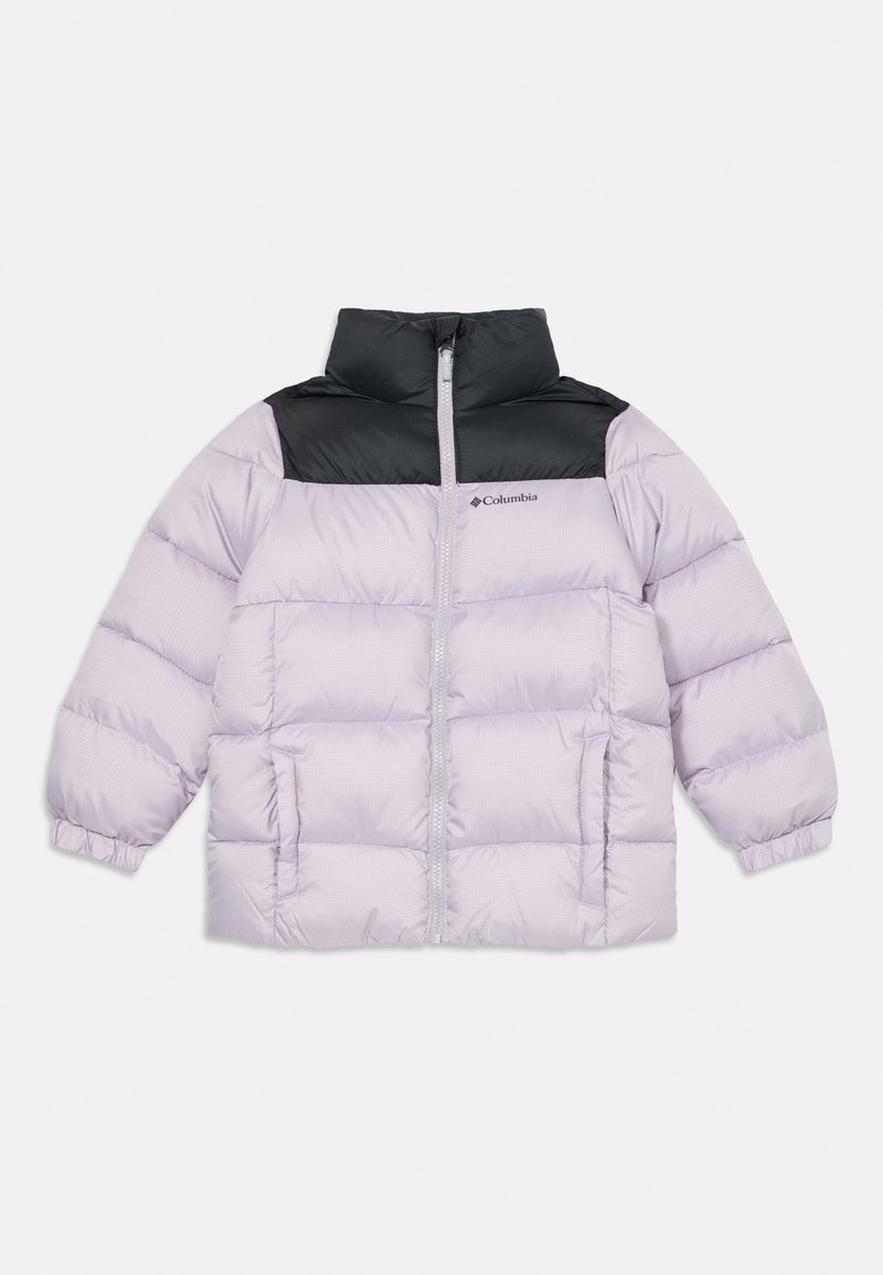 Light purple puffer jacket with a black top section, zip front, and elastic cuffs. Features include a logo on the chest and quilted design.