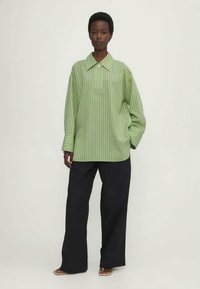Camicia a righe verde con colletto ampio e un solo bottone, abbinata a pantaloni larghi scuri. Il tessuto sembra leggero e strutturato.