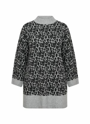 Siva i crna dukserica s leopard uzorkom, izrađena od pletiva, s rebrastim visokim ovratnikom, manžetama i rubom, dugih rukava i opuštenog kroja.