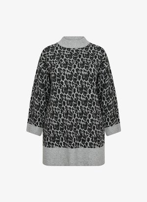 Hallhallmustakirju leopardimustriga kudum, millel on soonikkoes kõrge krae, mansetid ja äär, ning millel on pikad varrukad ja haruline lõike.