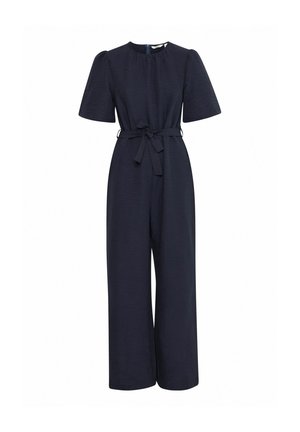 Mono de marinero con cinturón, mangas abullonadas cortas, escote redondo y diseño de pierna ancha. Tejido texturizado con un acabado suave, cierre de cremallera en la parte posterior.