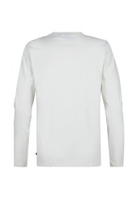 Camiseta de manga larga blanca hecha de algodón, con un cuello redondo y una textura suave, sin logotipos ni patrones visibles.