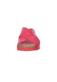 Pink leather slide sandal with an open toe, featuring a crisscross strap design and a textured cork sole for added comfort and grip.