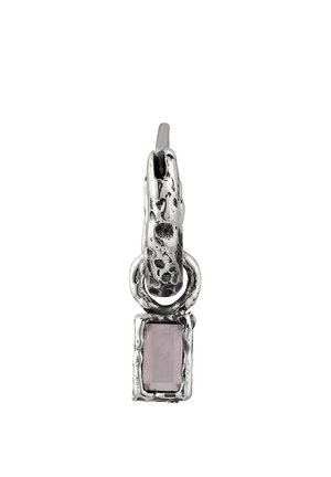 Silver textured hoop earring with a hanging rectangular pale pink stone set in a rough silver frame against a white background.