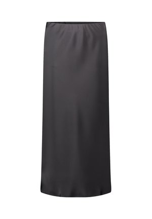 Black, knee-length skirt in a smooth, satin-like fabric. Features an elastic waistband and a simple, straight silhouette.