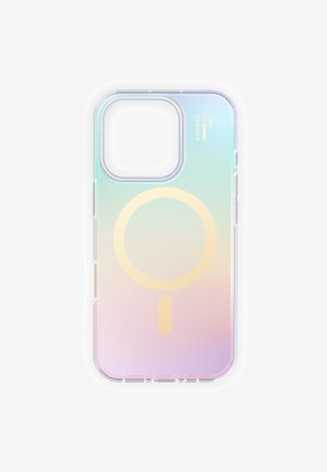 Transparent phone case with iridescent pastel colors, a circular MagSafe charging mark, and "Ideal of Sweden" logo near the camera cutout.