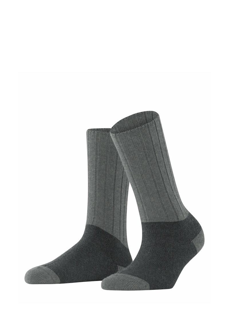 Graue gerippte Socken mit einem mittel- und dunkelgrauen Farbschema, ausgestattet mit verstärkten Fersen- und Zehenbereichen für hohe Strapazierfähigkeit.