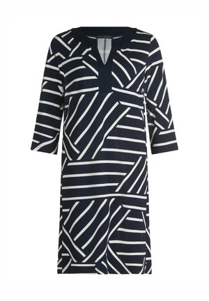 Marineblaues Kleid mit weißen diagonalen Streifen, dreiviertel Ärmeln, V-Ausschnitt und lockerem Schnitt, gefertigt aus weichem, angenehm zu tragendem Stoff.