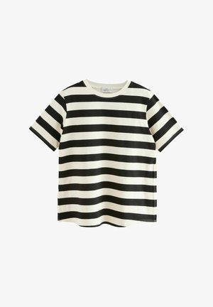 Raidallinen t-paita mustassa ja kermavärisessä, jossa on vaakasuorat raidat, pyöreä kaula-aukko, lyhyet hihat ja rento istuvuus pyöristetyllä helmalla.
