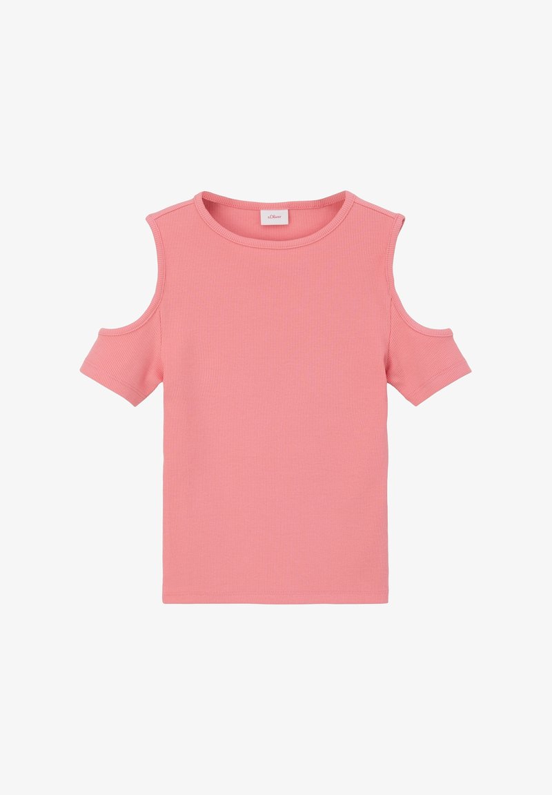 Haut rose côtelé à manches courtes avec une découpe sur les épaules. Dispose d'un col rond et d'une texture douce. Convient pour un usage décontracté.