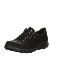 Des chaussures décontractées noires avec une tige texturée, un laçage, une fermeture éclair sur le côté et une semelle en caoutchouc épaisse et texturée pour une meilleure adhérence et un confort accru.