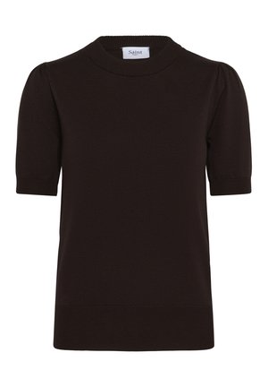 Tricou scurt cu mânecă scurtă, de culoare maro închis, din tricot, cu guler rotund și umeri puțin bombati, de la brandul Saint Tropez.