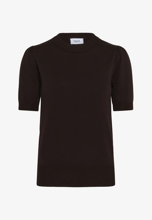 Dark brown short-sleeve knit top with crew neck and slight puff shoulders from Saint Tropez brand.