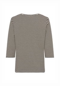 Schwarz-weiß gestreiftes langärmeliges Oberteil mit rundem Ausschnitt und Dreiviertelärmeln. Das Gewebe hat eine glatte Textur und eine lockere Passform.