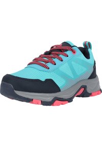 Turkoosi ja laivastonsininen urheilukenkä, jossa on punamustat nauhat, verkkomateriaali ja synteettinen päällinen, teksturoitu pohja vaaleanpunaisilla yksityiskohdilla.