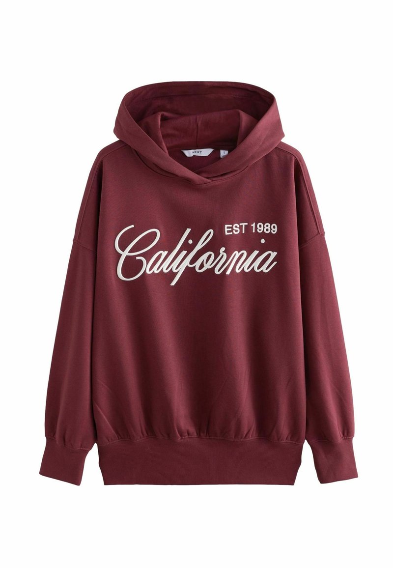 Bordeauxrode hoodie met een grote "California"-opdruk en "EST 1989." Gemaakt van een zachte stof met een ontspannen pasvorm en geribbelde manchetten.