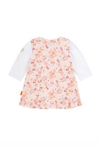Blumenkleid mit rosa Hintergrund und mehrfarbigen Blumen, weißen langen Ärmeln und plissiertem Saum. Rückseite mit Knopfverschluss.