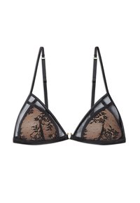 Sostenes triangular negro hecho de malla transparente y encaje, con patrones florales y tirantes ajustables con acentos de hardware dorado.