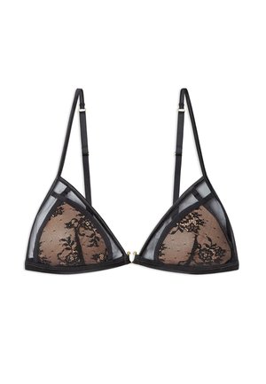 Schwarzer, dreieckiger BH aus transparenter Mesh- und Spitze, mit floralen Mustern und verstellbaren Trägern mit goldenen Hardware-Details.