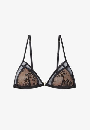 Crni trokutasti grudnjak od prozirne mreže i čipke, s cvjetnim uzorcima i podesivim trakama s zlatnim detaljima.