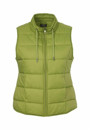 Light green sleeveless quilted vest with front zipper and drawstrings at the high collar, designed for outdoor wear.