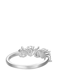 Silberring mit floralem Design, drei Blütenblätter und einem zentralen Stein, polierte Oberfläche, glatter Band und dezente Krappenfassung.