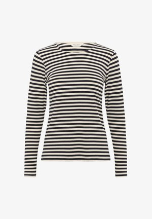 Dlhý rukáv, tričko s okrúhlym výstrihom, čierno-biele horizontálne pruhy, priliehavý strih a hladký materiál.