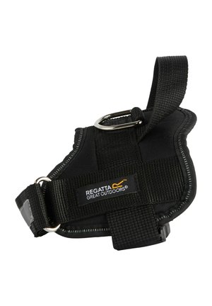 Black adjustable dog harness with metal D-ring and Regatta Great Outdoors logo on the strap against a white background.