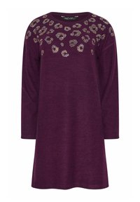 Abito lungo viola con maniche lunghe, scollatura rotonda e decorazioni che ricordano le macchie di leopardo, realizzato in un tessuto morbido con una vestibilità rilassata.