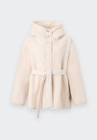 Beige, fuzzy fleece jacket with a hood, front snap buttons, belt at the waist, and side pockets. Smooth interior lining.