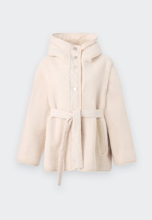 Beige, fuzzy fleece jacket with a hood, front snap buttons, belt at the waist, and side pockets. Smooth interior lining.