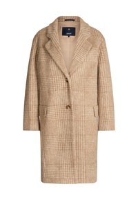 Beige und hellbrauner karierter Wollmantel mit gekerbtem Revers, zwei vorderen Knöpfen, Klappentaschen und einem geraden, knielangen Schnitt.