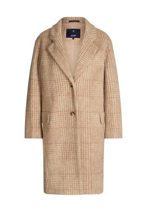 Manteau en laine à carreaux beige et marron clair avec revers crantés, deux boutons devant, poches à rabat et coupe droite longueur genou.