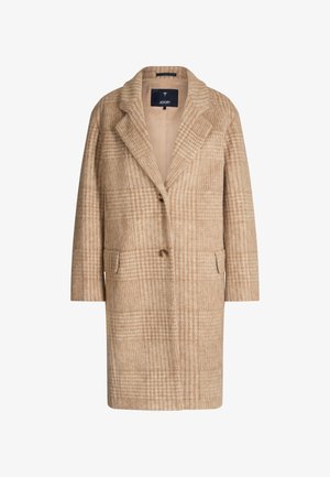 Manteau en laine à carreaux beige et marron clair avec revers crantés, deux boutons devant, poches à rabat et coupe droite longueur genou.