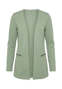 Blazer léger vert clair à manches longues, ouverture sur le devant, en tissu texturé, avec deux poches horizontales zippées à la taille.