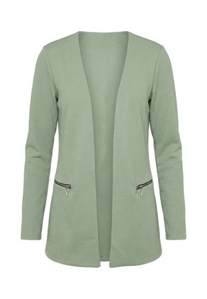 Lysegrøn blazer med lange ærmer, åben front, tekstureret stof og to vandrette lynlåslommer ved taljen.