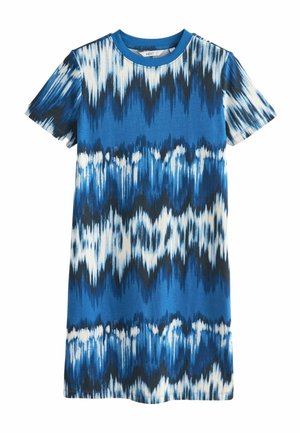 Blue and white tie-dye short-sleeve dress with crew neckline and abstract vertical pattern.