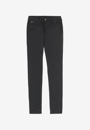 Schwarze Denim-Skinny-Jeans mit klassischem Fünf-Taschen-Design, Reißverschluss und Metallknopf. Glatte Textur mit minimalen Nähten.