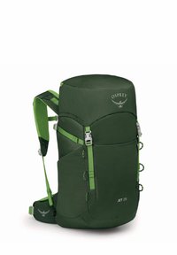 Zaino Osprey Jet 28 di colore verde scuro con accenti verde chiaro. Dotato di spallacci imbottiti, tasche laterali e cinghie regolabili per un supporto adeguato.